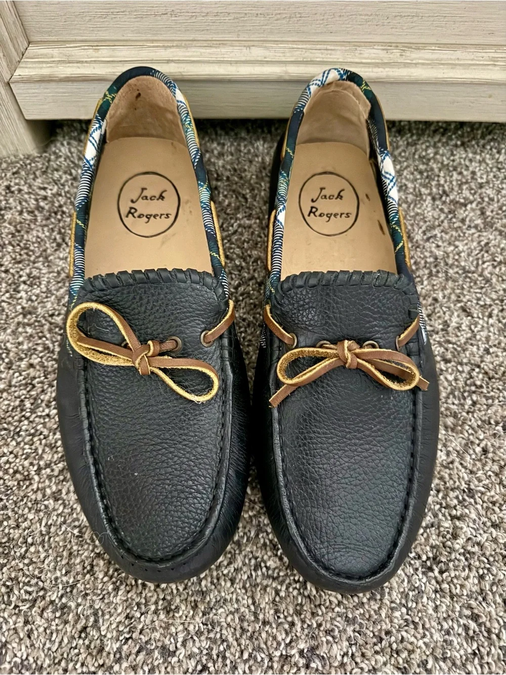 Jack Rogers Black Leather Loafers with Plaid Trim and Gold Laces